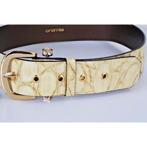 Wide Croc Embossed Leather Belt Size 46 Cream Gold Crystal Buckle main image 15